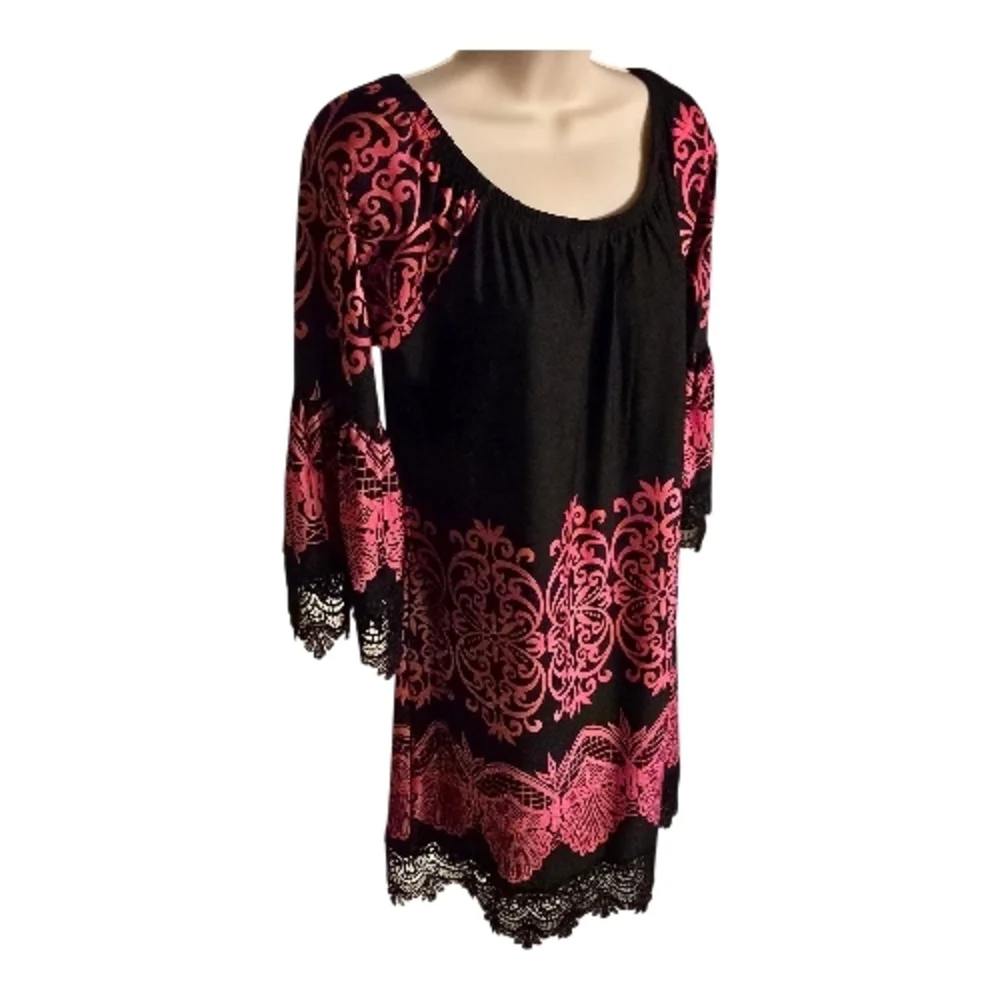✨ White Mark Boho Lace Trim Dress XL Black Pink Damask Peasant Tunic Bell Sleeve - Picture 3 of 11